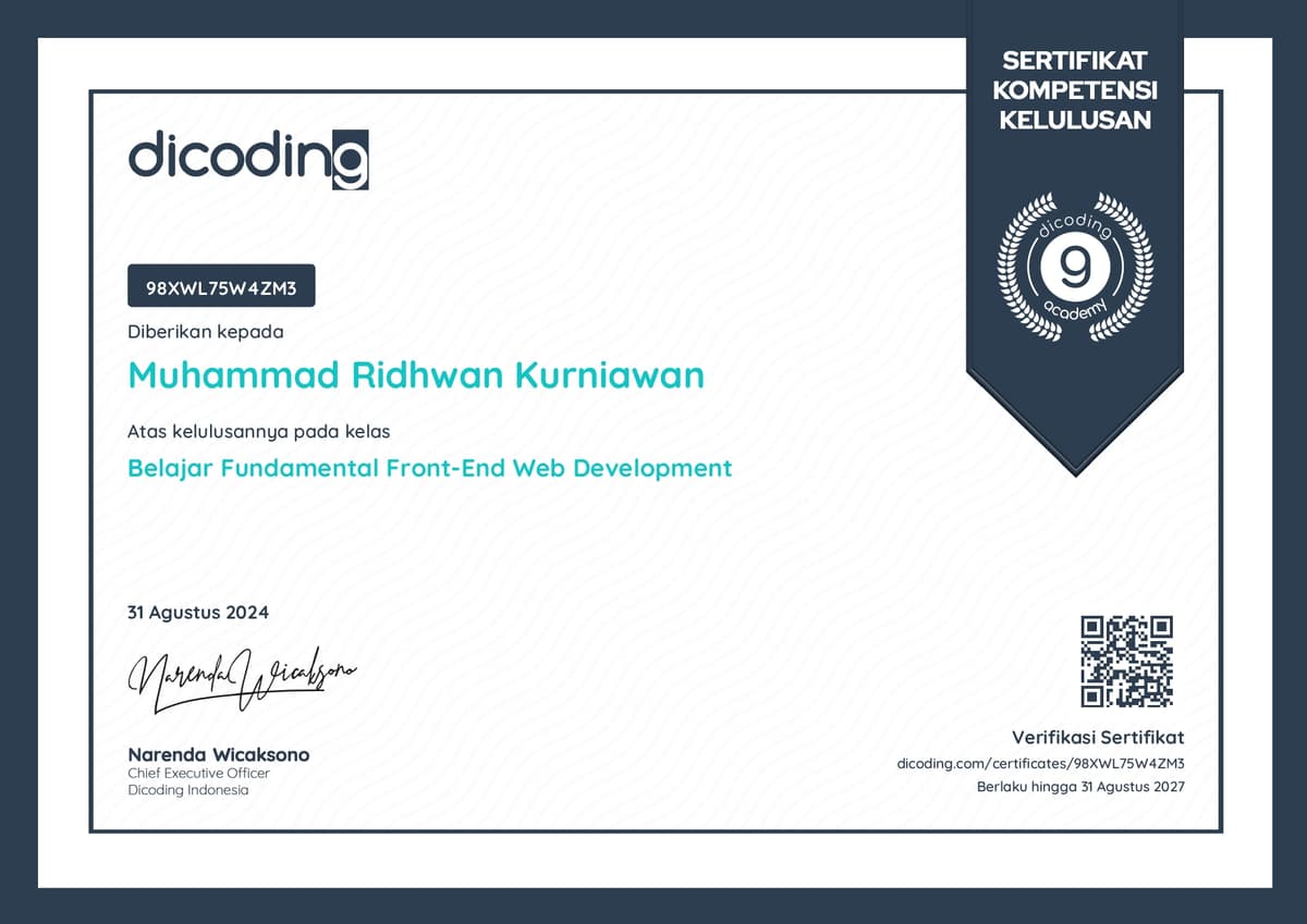 Sertifikat kelulusan Front-End Intermediate di Dicoding