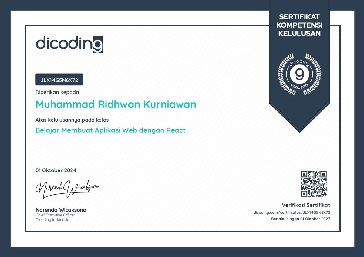 Sertifikat kelulusan React.js Dasar di Dicoding